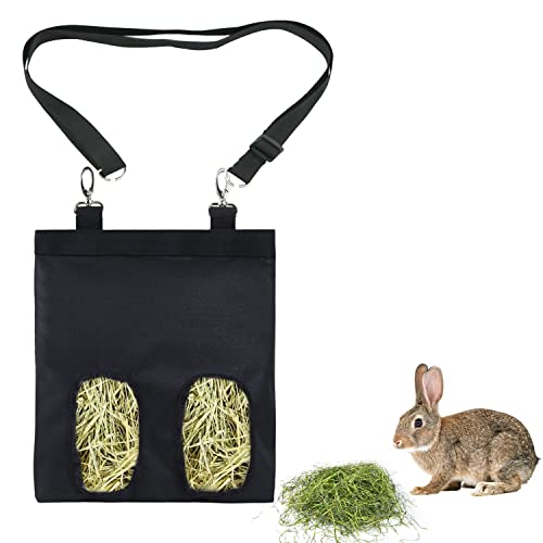 1 Stück Kaninchenheufutterbeutel und 1 Stück Verstellgurt, Kaninchenfutterautomat, Hamster-Meerschweinchen-Heu-Aufbewahrungstasche, Futterbeutel für kleine Haustiere ?Schwarz?