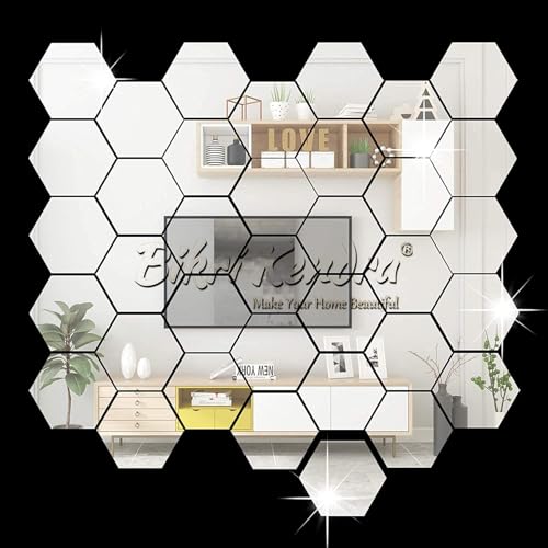 Image of Bikri Kendra - 32 Hexagon Silver Mirror Sticker for Wall, Acrylic Sticker, Decorative Mirror Sticker for Wall, Acrylic Stickers, Wall Stickers for Hall Room, Bedroom. (HexagonSilver32)