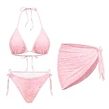 Light Pink Women 3 Piece Swimsuits - Sexy Triangle Bikini Sets with Cover Up Halter String Tie Side Bathing Suits S