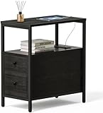 EVASTAR Side Table with Charging Station, Narrow Nightstand with 2 Drawers, Living Room End Table with Storage, Slim Bedside Table for Small Spaces, Dark Brown