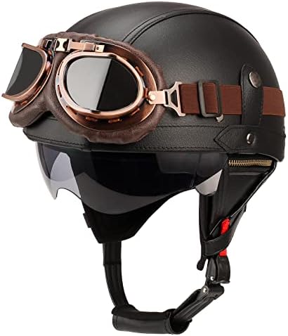 German Style Leather Motorcycle Half Helmet for Adults Men Women, DOT Approved Vintage Cap Half Face Shell Motorcycle Helmets for Cruiser Chopper+Goggles(Black,Small)