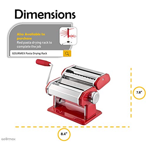 Gourmex Stainless Steel Manual Pasta Maker Machine | With Adjustable Thickness Settings | Perfect For Professional Homemade Spaghetti And Fettuccini | Includes Removable Handle And Clamp (Red) #TOP4