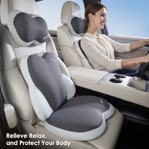 Image of 3 PCS Seat Cushion for Carseat Lumbar Support Pillow Car Neck Headrest Pillows Ultrathick Memory Foam Seat Pads Pressure Relief Back Cushion for Office Chair(Beige Grey)