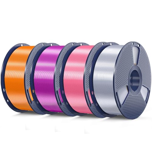 Image of SUNLU Silk PLA Filament 4KG, Smooth Silky Surface, Silk 3D Filament 1.75mm, Dimensional Accuracy + /- 0.02mm, 1kg Spool(2.2lbs), Total 4KG, Silver+Pink+Purple+Orange