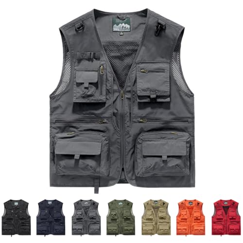 XLATD Breathable Mesh Zip Cargo Vest,Men Casual Multi-Pocket Vest,Outdoor Hiking Fishing Cargo Vest Jacket (Grey,M)