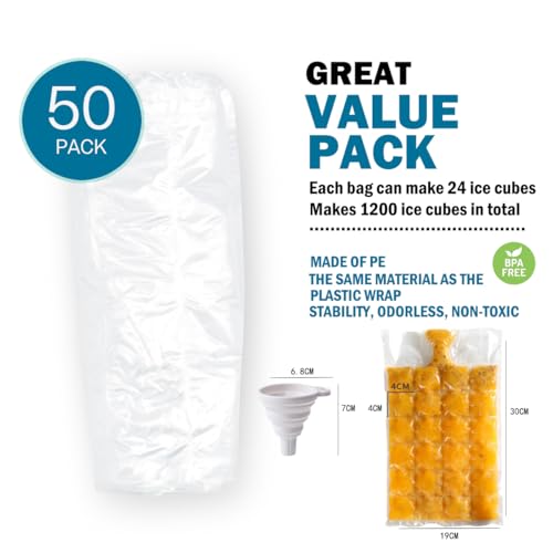NACOLUS Disposable Ice Cube Trays for Freezer Ball Ice Cube Mold Ice Maker Bags with Silicone Funnel BPA-Free 50 PCS