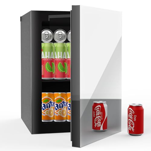 Erivess 24 latas/0.95 pies cúbicos refrigerador para bebidas y cuidado de la piel, mini nevera con puerta frontal con espejo y control de temperatura, encimera pequeña nevera para refrescos, cerveza y