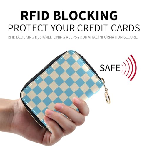 Women's Blue Yellow Checkerboard Credit Card Holder Wallet Leather Zipper Card Case for Ladies Girls 203009943