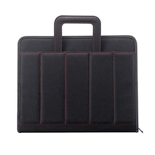 Portfolio Folder A4 with Removable Handle and Zip Closure, Calculator, Clipboard, Credit Card Holder - Red Stitching