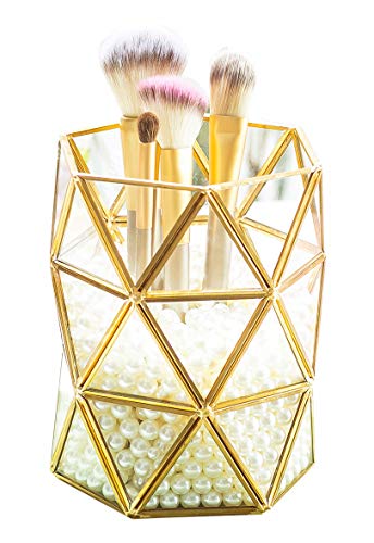 Levilan Champagne Gold Glass Brush Holder Makeup Organizer Vintage Brass Edge Cosmetic Organizer Makeup Decoration Make up Brushes Holder(Geometry)