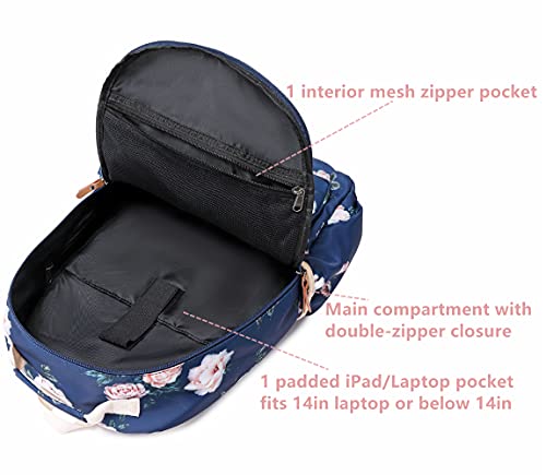 Image of Leaper Floral School Backpack Girls Bookbag Daypack USB Charging Port Dark Blue-2