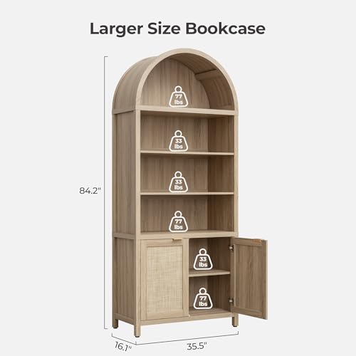 Image of SICOTAS 84.2 inch Tall Arched Bookcase with Doors - 5 Tier Rattan Bookshelf