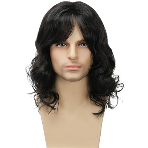Daiaces Peruca masculina preta encaracolada dos anos 70 anos 80 peruca rocker xale encaracolado tain