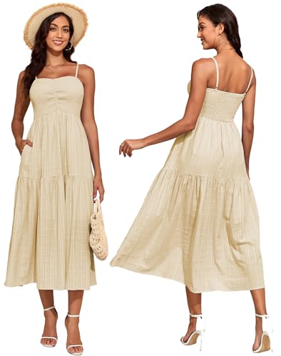 Capuffy Women's Adjustable Spaghetti Straps Smocked Maxi Dress Tiered Skirt Pleated Boho Summer Dress Long Beach Sundress 379