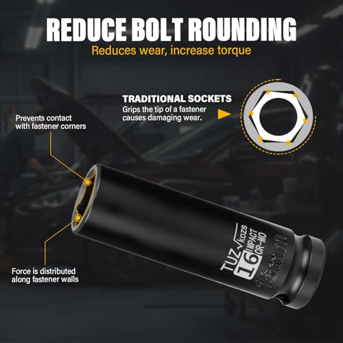 Image of 1 /2 Inch Drive 16mm Deep Metric Impact Socket,CR-MO,6 Point Radius Corner Design,Square Chamfered Opening,Axle Nut Impact Grade Socket for Easy Removal