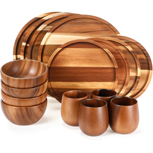 Comparison: Best Wooden Dinnerware Sets 3 Maxdot 16 Pcs Acacia Wood Dinnerware Set, Round Wooden Plates,Solid Wooden Bowls and Tea Cups, Acacia Wood Tableware Supplies, Easy Cleaning & Lightweight for Dishes Snack, Dessert, Set for 4