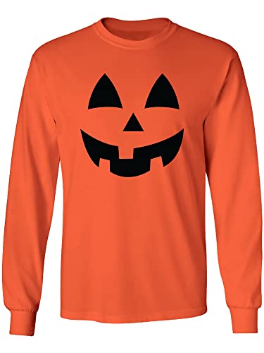 Adult Jack-O-Lantern Halloween Pumpkin Face Long Sleeve T-Shirt in Orange - Small
