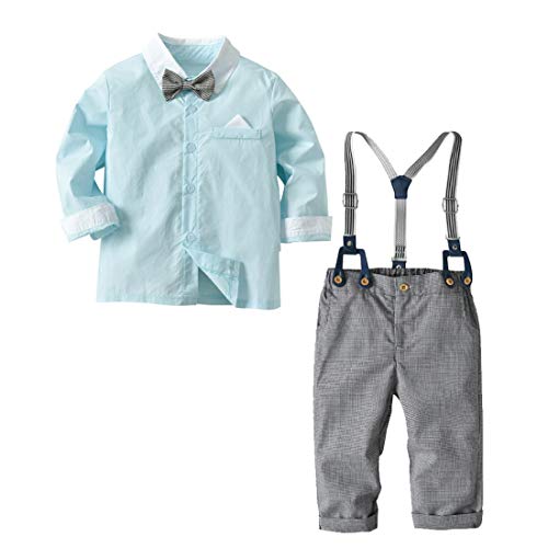 Baby Boys Gentleman Romper Wedding Long Sleeve Overall Bowtie Cotton Outfits Formal Solid Outfits Comfortable Suspender Clothes Set 12-18M 4PCS Blue