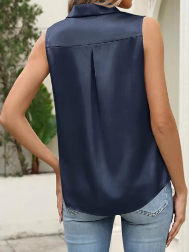 Image of Cicy Bell Womens Satin Sleeveless Button Down Shirts Work Blouse Silky Tops | V Neck, Collared Tank Tops, Professional, Office Clothes, Business Casual Outfits, Under Blazer Tops, Dress Down with Jeans
