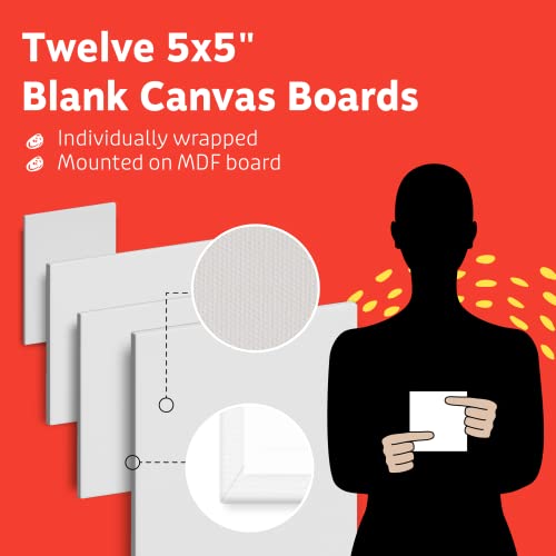 Artlicious Canvases For Painting - Pack Of 12, 5 X 5 Inch Blank White Canvas Boards - 100% Cotton Art Panels For Oil, Acrylic & Watercolor Paint #TOP2