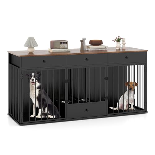 COSTWAY Large Dog Crate Furniture, Heavy Duty Dogs Cage with Double Doors, Divider, 3 Drawers, Pull-out Feeding Bowls, Indoor Puppy Kennel Side Table TV Stand (Brown+Black)