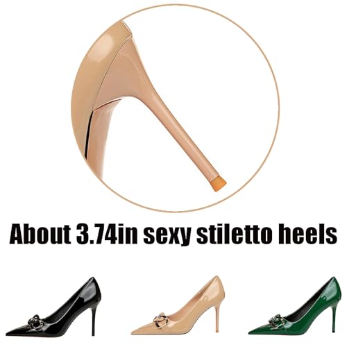 Women's Patent Leather Stiletto Pump with Chunky Chain Decor Closed Pointed Toe Slip-on Office Dress Shoes Sexy Non Slip High Heel Wedding Shoes3