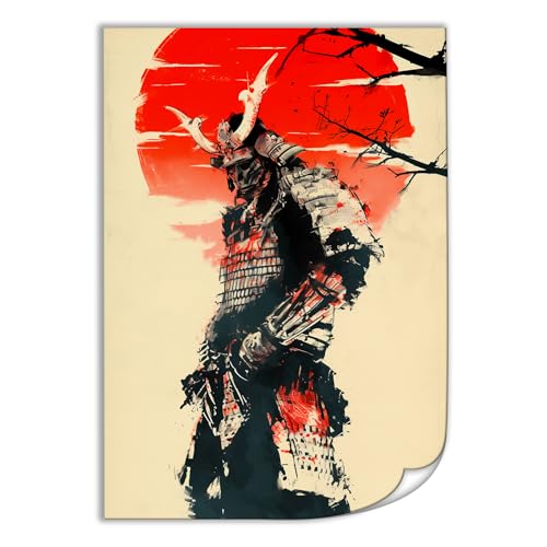 QEOPGNE Red Sun Retro Portrait Japanese Samurai Poster Paintings Wall
