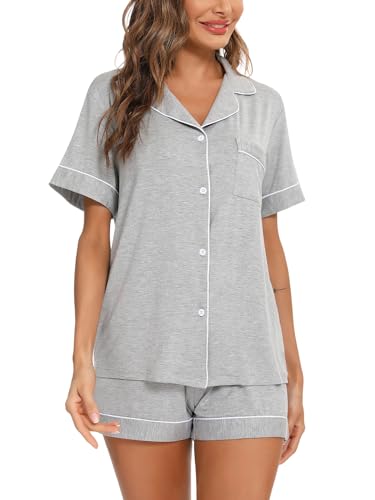 Image of Aamikast Button Up Pajama Set for Women Shorts Short Sleeve Knit Sleepwear 2 Pice Pjs Sets