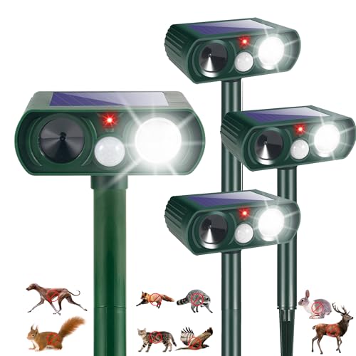 Solar Animal Repellent,4 Pack Ultrasonic Animal Repeller Outdoor with Motion Sensor & Flashing Light,Animal Deterrent Devices Cat,Squirrel,Deer,Dog,Raccoon,Skunk,Rabbit Repellent for Yard Garden Lawn