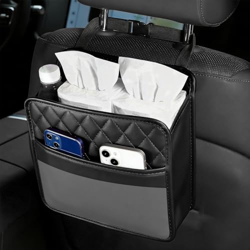 Lxsloet Car Seat Back Organizer, Leather Backseat Hanging Storage Bag, Multipurpose Car Hanging Trash Bag with 2 Compartments, Car Large Capacity Pouch Pocket for Kids & Adults (Black/Transparent Bag)