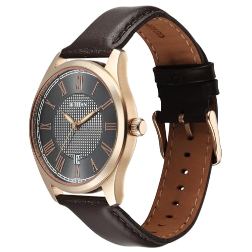 Image of Titan Neo Roman Analog with Anthracite Dial Brown Leather Strap Watch for Men - 10063WL01