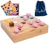 Engelhart-350444 – Juego del Cerdito – Juego de Mesa Familiar – Caja Madera Bambú – 60 Cerditos de Silicona + 2 Dados + Reglas – Diversión Niños & Adultos