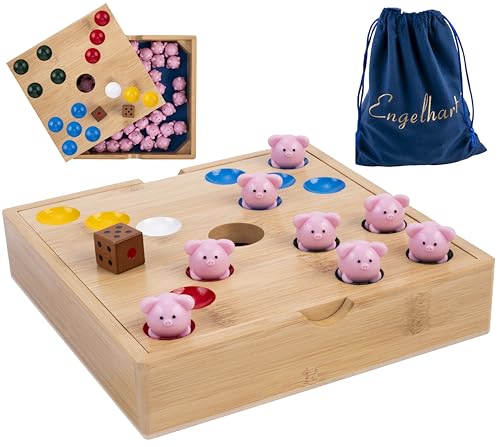 Engelhart Schweinchen Spiel Würfelspiel mit großen 2 cm Silikon-Schweinchen Ferkelspiel in Holzbox lustiges Gesellschaftsspiel ab 6 Jahren 350444
