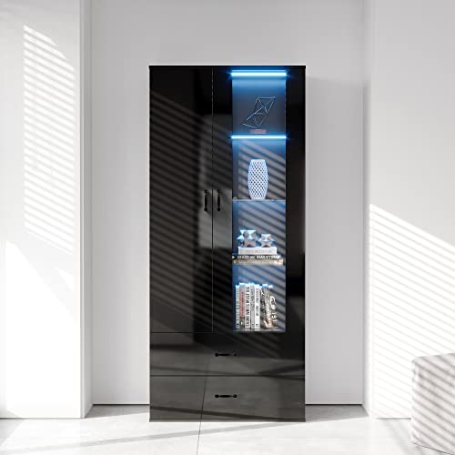 Yoluckea Modern Led Bookcase Storage Cabinet With 3 Glass Shelves And 2 Drawers, 72" Tall Curio Cabinet Collection Display Cabinet Side Cabinet For Living Room, Hallway, Office #TOP2