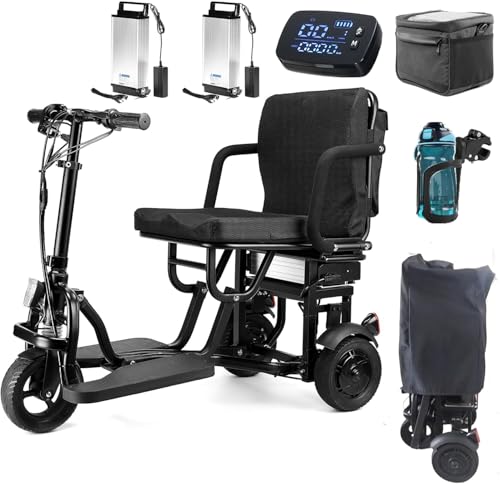 New Portable Folding Mobility Scooter, 3-Wheel Foldable Mobility Scooter for Adults & Seniors, with 2 Long-Range Lithium Battery, 300lbs Capacity, Lightweight with Basket & Cup Holder