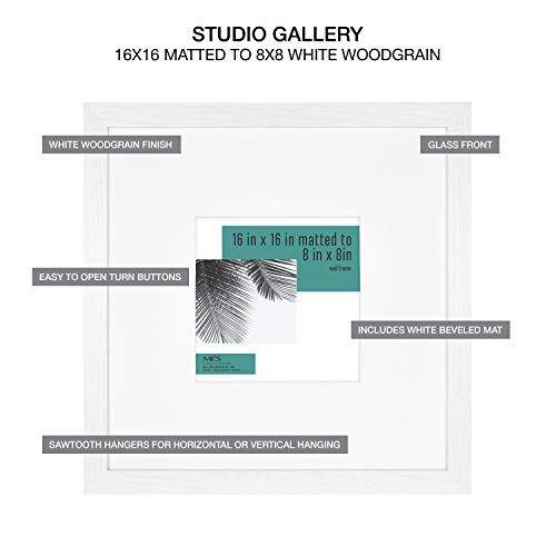 MCS Studio Gallery 16x16 Matted to 8x8 Picture Frame White Woodgrain, Square Photo Frame for Photos, Posters & Art Prints (2-Pack)