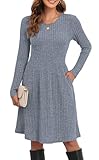 lionstill Women's Knit Textured Sweater Dresses Long Sleeve Loose Casual Pleated Fall Dress with Pockets,Blue, XL
