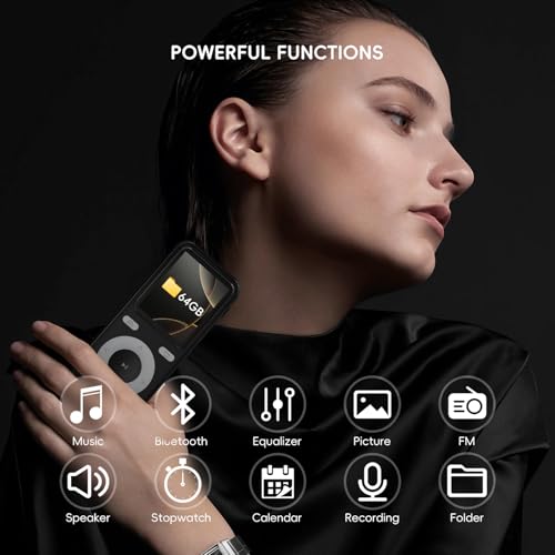64GB MP3 Player with Bluetooth,Bluetooth Portable HiFi Lossless Sound MP3 Player with Speaker,FM Radio,Voice Recorder,Shuffle for Kids,Hiking,Running,Micro SD Card up to 128GB(Earbuds Included) — view 2