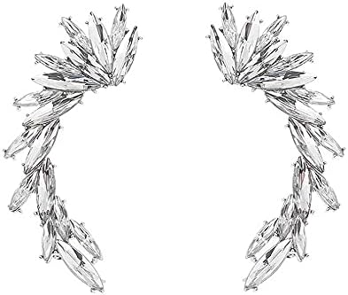 Crystal Leaf Climbers Crawler Jewelry Jacket Earrings Sparkly Zircon Pave Metal Ear Cuff Wrap Clip Stud Earring Climber Top Ear Clip for Women Girls (Silver)