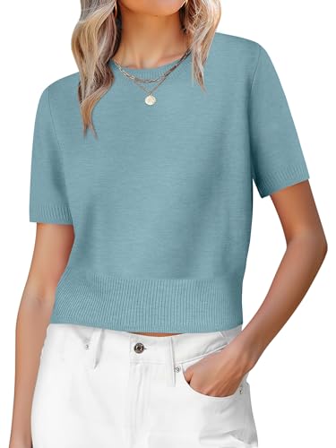 ANRABESS Womens Short Sleeve Sweaters Cropped Crew Neck, Light Blue, XL