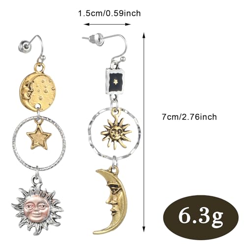 Sun and Moon Star Dangle Earrings Vintage Statement Earrings Bronze Gothic Asymmetrical Sun Moon Asymmetric Drop Earrings for Women for Cosplay Party Jewelry3