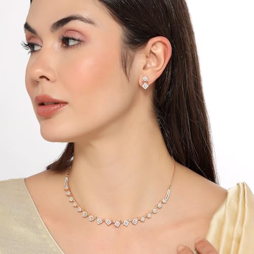 Image of Nilu's Collection Rose Gold Plated American Diamond Floral Leaf Necklace Set with Matching Drop Earrings For Women And Girls | Anti-Tarnish | Anti-Allergy | Office Wear