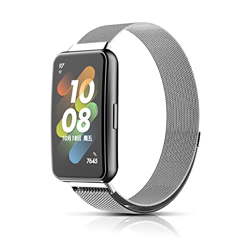 Niboow Strap Compatible with Huawei Band 7, Men Women Magnet Stainless Steel Metal Watch Bands Compatible with Huawei Band 7 - Sliver