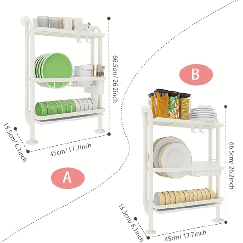 Image of Dish Rack for Worktop, 3-Tier Dish Drainer with Wall Support, No Drilling, Drip Tray & Suction Cups, Cream White.