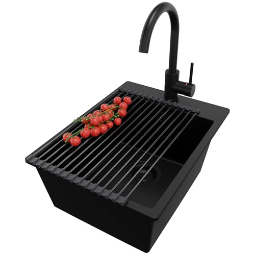 PRIMAGRAN Fregadero Granito Todo Negro 38x50cm, Fregadero Cocina 1 Seno + Sifón + Grifo 32x20cm + Enrollable Escurridor, Fregadero Granito sobre encimera al mueble 40cm - Riga