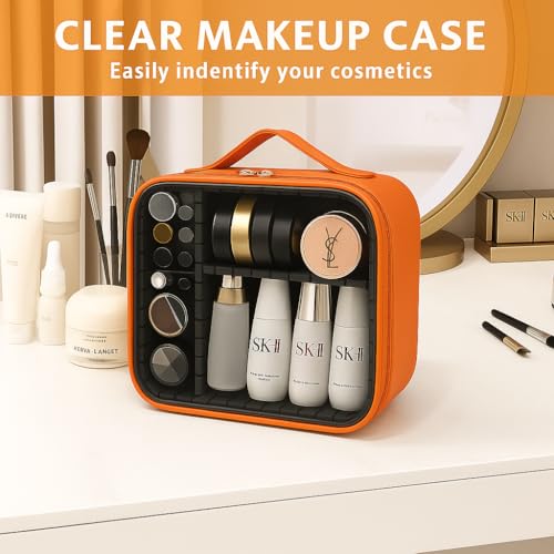 Image of Coslifestore-Cosmetic Case, Travel Makeup Case with Handle, Transparent Makeup Case, Portable Makeup Bag for Cosmetics /Skincare Products /Toiletries (Orange)
