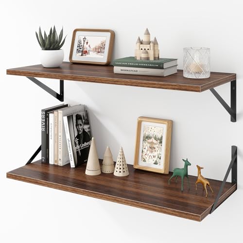Acovy Deep Floating Shelves Wall Mounted, 30"x12" Walnut Wall Shelves with Brackets Set of 2 for Bedroom, Living Room, Bathroom, Kitchen, Office - Storage & Display Shelf for Decor, Books, Plants