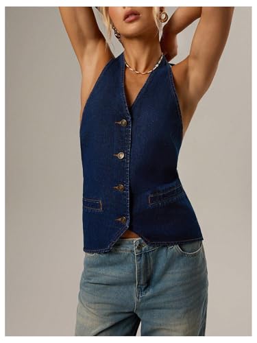 Verdusa Women's Tie Back Button Up Denim Vest Backless Sleeveless Halter Jean Tops4