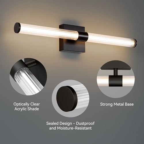 Image of Tubicen LED Vanity Light Linear Vertical Wall Sconce Dimmable 25in | 360 Full Lighting, 12W Vanity Light Bar Modern Slim Wall Light Fixture for Living Room Bathroom Bedroom, Warm White, Black