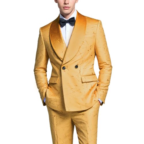 UNINUKOO Men's 2 Piece Suit Set Velvet Skinny Luxury Floral Dress Clothes Shawl Lapel Formal Party Wedding Tuxedo for Men US Size XXL Yellow